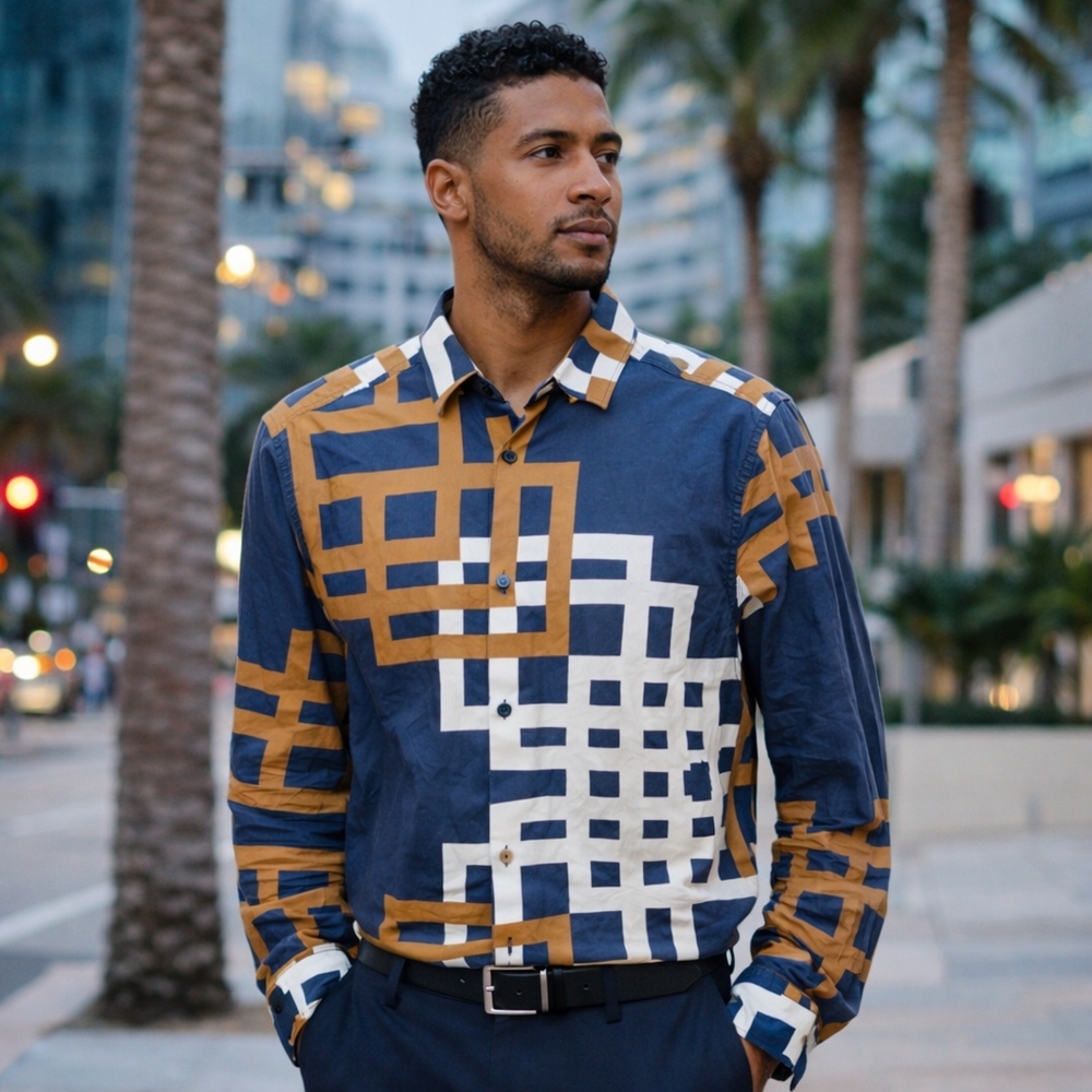 Perry Ellis Cotton Blend Geometric Printed Button Down Shirt Mens